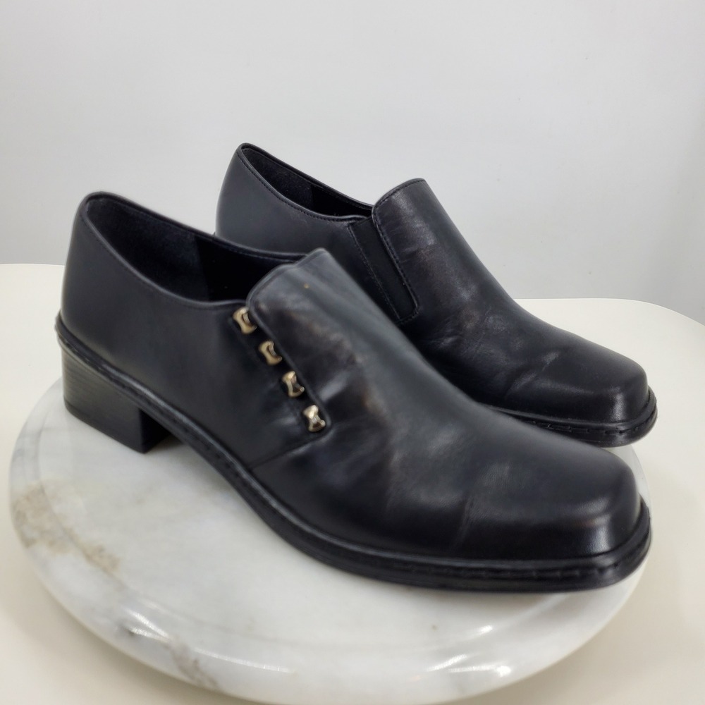 Gabor‎ Black Leather Slip On Loafers Square Toe Block Heel Shoes 6.5 Office Work